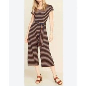 Old Navy Belt Tie Jumpsuit Blue Mustard Stripe Women's S Dolman Short Sleeve